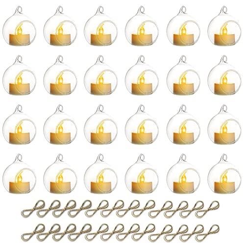 NUPTIO Hanging TeaLight Candle Holder: 24Pcs 2.36in Tree Tea Light Holders with LED Candles Small Glass Globes Ornament Clear Round Mini Terrarium Containers for Wedding Party Tree Decoration - size: 2.36 inches