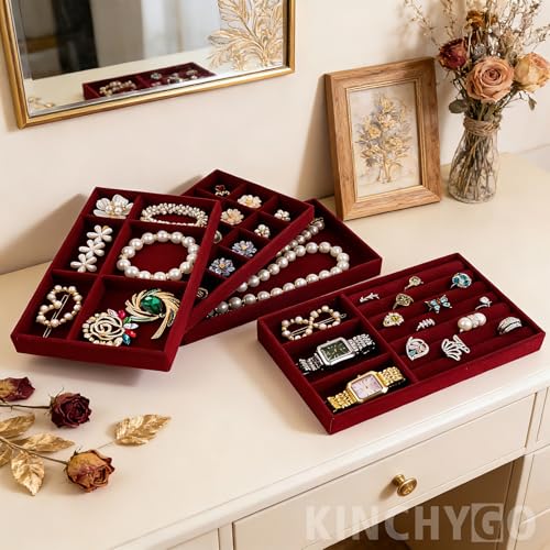 4 Pack Stackable Velvet Jewelry Trays Organizer Drawer Inserts Container Display Storage Box for Necklaces Bracelets (Red)