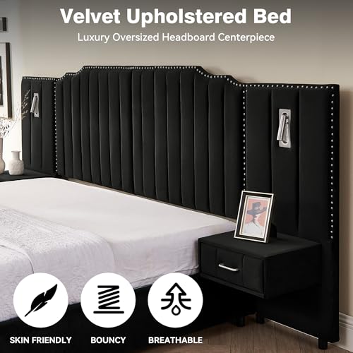 Luxury Queen Size Bed Frame with LED Lights and Nightstands, Modern Velvet Upholstered Platform Bed Frame with Oversized Headboard, Buttons Around, No Box Spring Needed, Black | Breathable material - color: Black-velvet, size: Queen