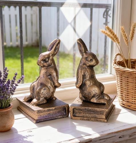 2 PCS Rabbit Decorative Bookend Set Cast Iron Vintage Heavy Duty Book Ends for Shelves for Home, Office Desk, Living Room (Back-to-Back Rabbits) - color: Back-to-back Rabbits