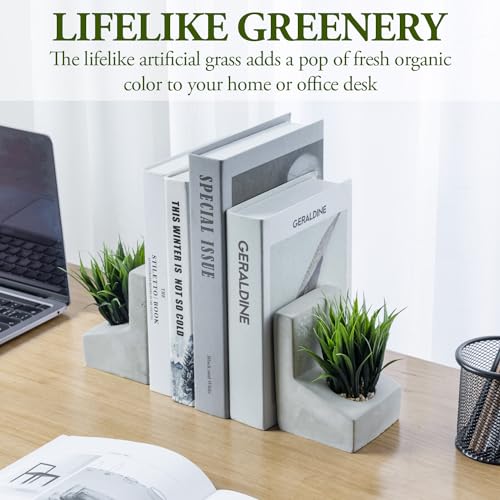 MyGift Decorative Bookends, Heavy Duty Book Ends with Artificial Green Grass Plants, Book Stands for Office Desktop, Bookshelf, Modern Gray Concrete L-Shaped - color: Artificial Grass