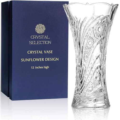 CS Crystal Vase 12-inch high, Sunflower Design, for Flowers & Decor. Lovely Nice Shiny Piece. Perfect as a Gift, Suitable for All Occasions. - style: Sunflower Design