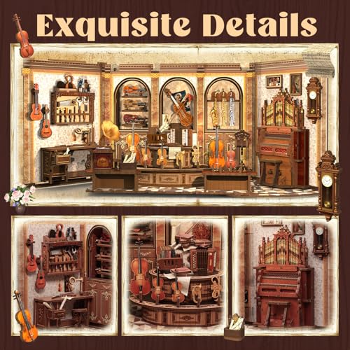 CUTEFUN Book Nook Kit - 3D Puzzle Musical Instrument Store Bookend Bookshelf Decor for Adults, Tiny House Miniature Model Building Kits, DIY Crafts Gifts for Teens & Book Lovers (Bach Strings) - style: Musical Instrument Shop