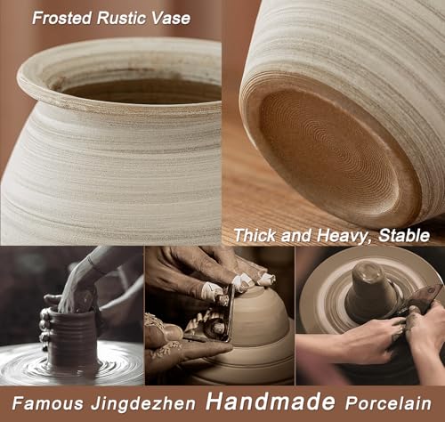 Textured Matte White Rustic Bulbous Ceramic Vase 9 Inch Handmade Pottery, Waterproof for Fresh & Dried Flowers, Farmhouse Neutral Home Decor Centerpiece for Living Room, Kitchen, Mantel, Shelf