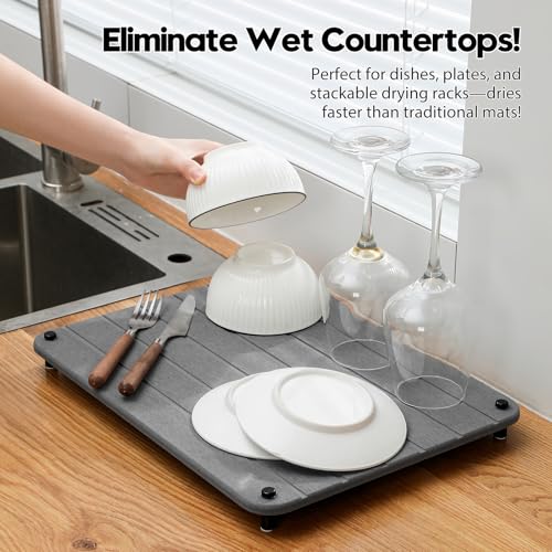 Razborci Stone Dish Drying Mat for Kitchen Counter, Water Absorbing Bathroom Tray Sink Organizer, Diatomaceous Earth Countertop Dish Rack Riser Sponge Holder Soap Dish, Dark Gray, 16" x 12" - color: 1. Charcoal, size: 16" x 12" x 1"