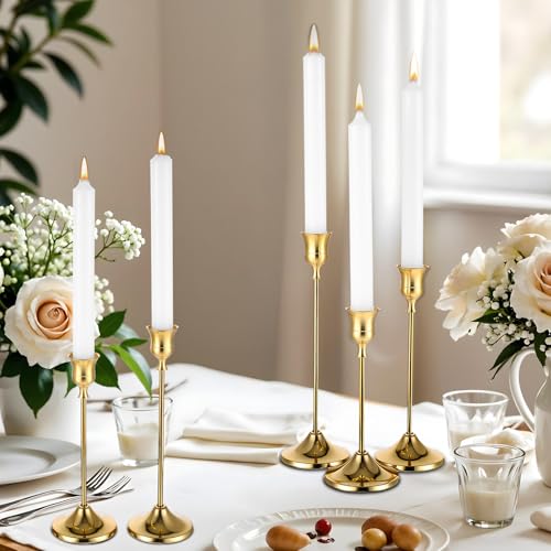 12 Pack Brass Golden Candlestick Holders, Vintage Taper Candle Holders Set in 3 Sizes for Dining Table, Fireplace, Party Decor - color: Golden