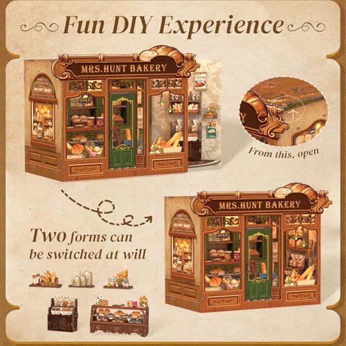 Cutefun Book Nook Kit - DIY Miniature Bread Shop Booknook Kits for Adults and Teens, 3D Wooden Puzzle Bookend Bookshelf with LED Light, Creative Crafts Gifts for Book Lovers (Mrs.Hunt Bakery) - style: Mrs.Hunt Bakery