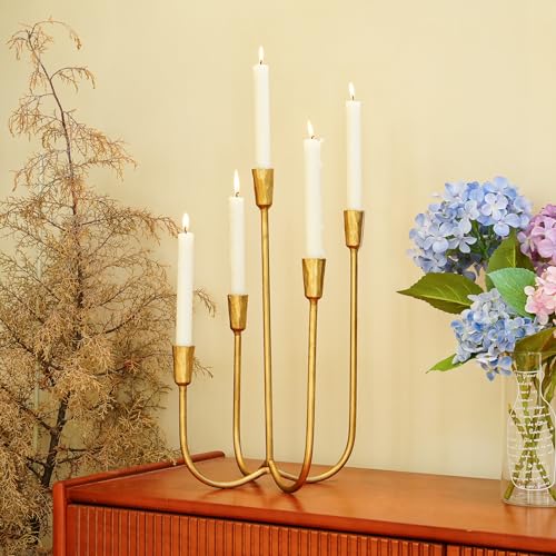 Cast Iron Candelabra 5-Taper Candle Holders, Golden Metal Candlestick Holders Tabletop Candles Stand, Decorative Table Centerpieces Mantel Decor, Antique Brass - color: 5-arm