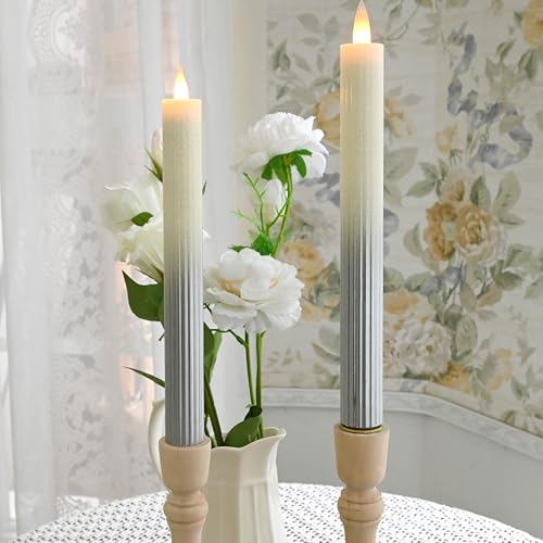 Flameless Taper Candles Flickering with Remote and Timer, 3D Moving Flame Taper Candle Battery Operated to 400 Hours, 9 Inch Window Candles, (Gradient Silver-Vertical Stripes) - color: Gradient Silver-Vertical Stripes
