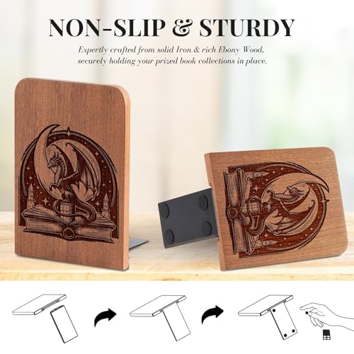 Fantasy Bookends, Dragon Bookends, Heavy Duty Wooden Book Ends for Shelves Decorative(1 Pair, 4.72x6.69 Inches) - Dragon - color: Dragon