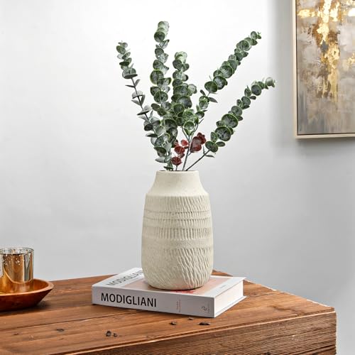 9" Pottery Vase with Sand-Grain Textured, Rustic Ceramic Vase for Mediterranean, Vintage & Farmhouse Style on Desktop Decor, Slender & Beige White - color: 9" Beige White