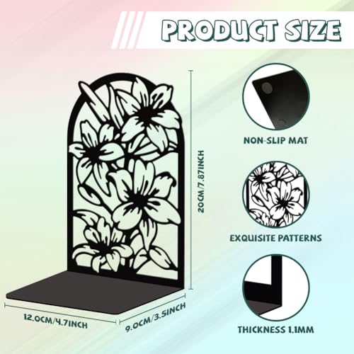 Peacoblue Metal Bookends for Shelves, Modern Decorative Heavy Duty Study Book Support Stoppers for Office, Desk, Shelf, Room 5.3"x4.3"x7.9" Cast Iron Simple Tall Bookends, 1 Pair (Lily Flower) - style: Lily Flower