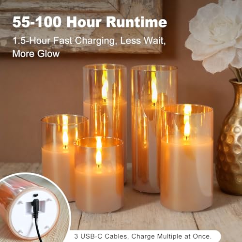 Rechargeable Flameless Candles, Realistic Flickering LED Flameless Candles Real Wax Candle with Remote Control and Timer, Gold Glass Electronic Candle, 1 Set of 5（Gold） - color: Rechargeable-Copper wire