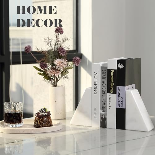 Karibiber Marble Book Ends Decorative, Unique Bookends for Shelves, White Stone Bookends Holds Heavy Books, Weighted Book Holder Stopper for Home Office Desk Bookshelf Decoration, Set of 2 - color: Fantasy White