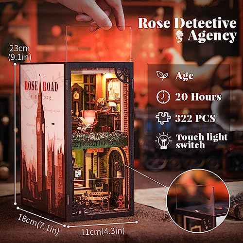 Cutefun Book Nook Kit, DIY Miniature Dollhouse Booknook for Adults, 3D Wooden Puzzle Bookend Bookshelf Insert Decor with LED Light, Gift for Craft Lovers (Rose Detective Agency) - style: Rose Detective Agency
