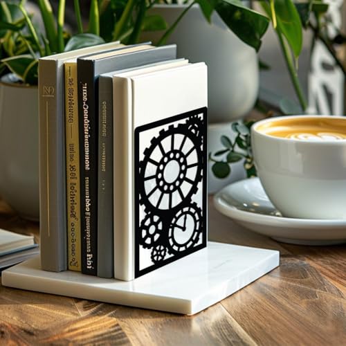 Peacoblue Metal Bookends for Shelves, Modern Decorative Heavy Duty Study Book Support Stoppers for Office, Desk, Shelf, Room 5.3"x4.3"x7.9" Cast Iron Simple Tall Bookends, 1 Pair (Steampunk Gear) - style: Steampunk Gear