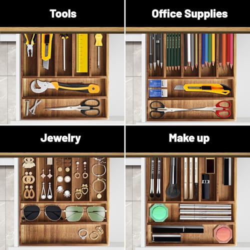 KITEISCAT Acacia Wood Silverware Organizer, Kitchen Utensil Drawer Organizer for Forks & Spoons, 7-Compartment Cutlery Tray, Flatware Holder - size: 7 Compartments