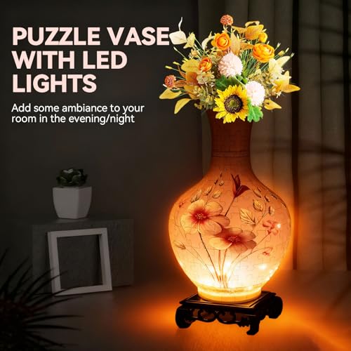 3D Puzzles Vase for Adults, Crafts for Adults, 164 Pieces Plastic DIY Unique Flower Vase with LED Light House Warming Gift Birthday Gifts for Flower Arrangements and Home Decor (Pink) - color: Pink 2