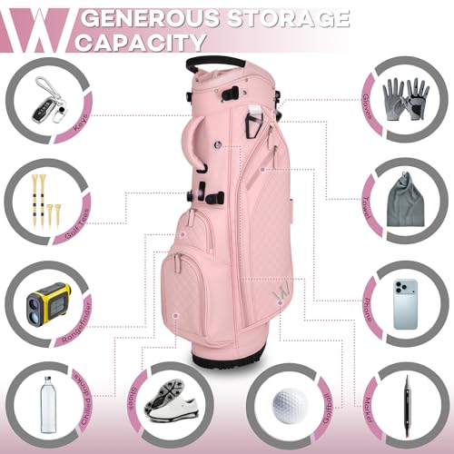 Luxury Womens Golf Bag, PU Leather Golf Stand Bag for Women/Ladies, 14-Way Full-Length Top Dividers, Ultra Lightweight, Large Pockets for Accessories - color: Pink