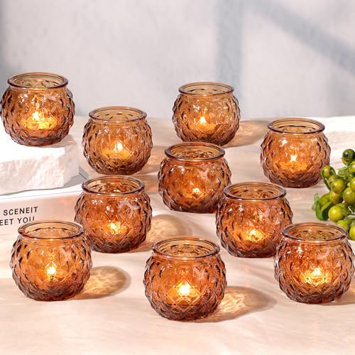 DARJEN Amber Votive Candle Holders Set of 24 - Round Glass Candle Holders for Table Centerpiece, Tea Lights for Home & Vintage Wedding Decorations - color: Amber