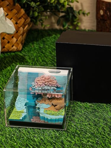 3D Creative Time Piece Calendar 2026 Desk Weekly Calendar Decoration with LED Light and Acrylic Case, Paper Sculpture Non-stick Notes, Paper Carving Art Craft Memo Pad (Flower Mountain) - color: Flower Mountain with LED lighting