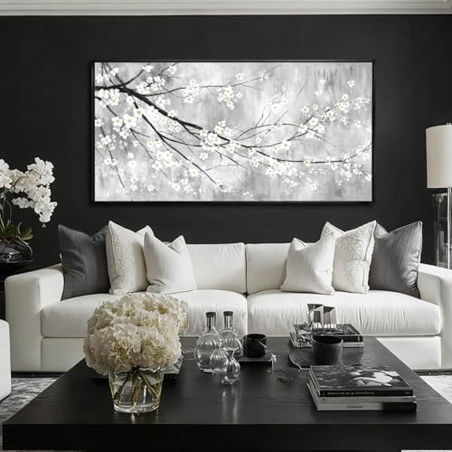 WINKAILIN White Black and Gold Plum Blossom Canvas Wall Art with Black Frame 24"x48" Floral Artwork Modern Botanical Wall Decor for Bedroom Living Room Office Kitchen - color: Black and White, size: 48"L x 24"W