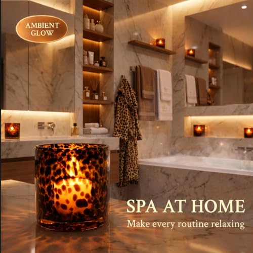 Tortoise Shell Candle Holder | Cheetah & Leopard Print Candle Holder | Large Amber Glass Votive 4.7" for Vanity | Animal Pattern Glass Decor | Tea Light, Jar Candle & Vanity Accent