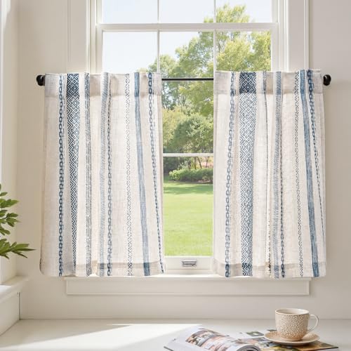 jinchan Boho Kitchen Curtains 24 Inch Linen Tier Curtains with Geometric Pattern Bohemian Cafe Small Light Filtering Window Treatment for Living Room RV Back Tab 2 Panels Blue on Linen - color: Liora | Blue on Linen, size: 26"W x 24"L (Pack of 2)