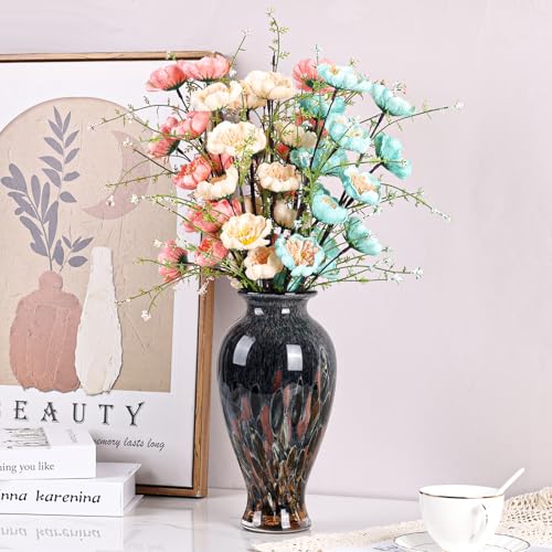 11.8" Tall Amber Blue Glass Vase Beautiful Hand Blown Glass Vase Modern Art Home Decor, Wide Mouth Colorful Vases for Mantle Dining Table Centerpiece, Entryway Living Room Wedding Decoration - color: Amber