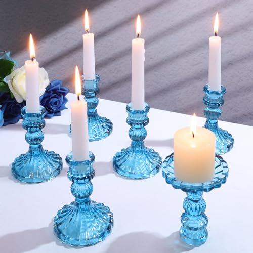 Maxcheck Set of 6 Candlestick Holders Taper Glass Candle Holder Decorative Candle Stand for Wedding Party Table Centerpiece Anniversary Festival Home Decor(Blue) - color: Blue