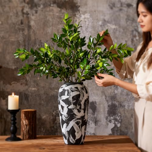 Rustic Ceramic Vase 13.8", Large Black Ceramic Vase with White Abstract Pattern, Matte Tall Floor Vase for Living Room Entryway Kitchen, Black Vases for Centerpieces, Water Friendly Decor - color: Black and White, size: 13.8in
