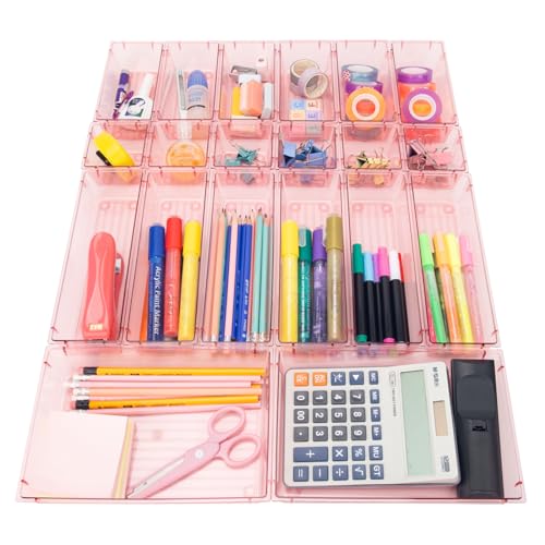 25 Pack Desk Drawer Organizer Set,Vanity and Desk Drawer Storage Bins,Clear Plastic Drawer Organizer Trays for Makeup,Office,Bathroom and Kitchen(pink)