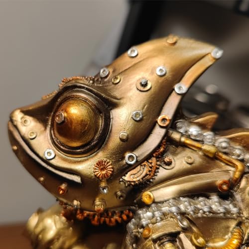 GENUINQ Steampunk Lizard Chameleon Statue Hand Painted Sculpture Resin Cyborg Sci-fi Collectible Figurine with Cool Gear for Home Table Book Shelf Man Cave Decor Gold