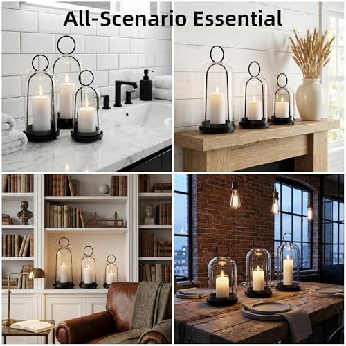 3 Pack Metal Candle Holders with Glass Dome, 5.5" & 4.7" & 3.9" Wide Black Candlestick Holders Set, Versatile Hurricane Lanterns Candleholders for Pillar Candle, Decorative Glass Display Dome Stands - color: Black
