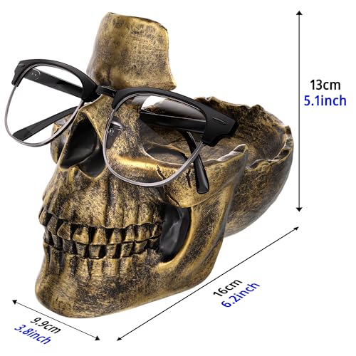 READAEER Skull Glasses Stand Holder, Creative Eyeglasses Holder, Sunglasses Spectacle Display Rack, Key Holder Resin Sculptures for Entryway, Home, Office, Desk, Nightstand (Bronze) - color: Bronze