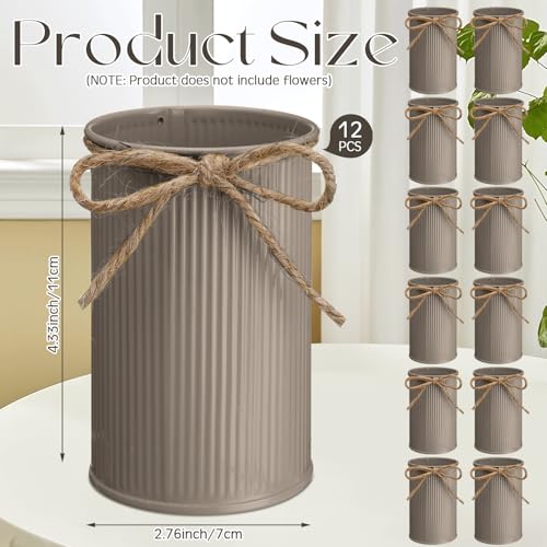 Rustic Vase for Table Centerpieces 4.33 Inch Small Petite Flower Vase with Twine Bow Vintage Farmhouse Decor for Wedding Reception Dining, Home Galvanized Metal Buckets(Brown,12 Pcs) - color: Brown