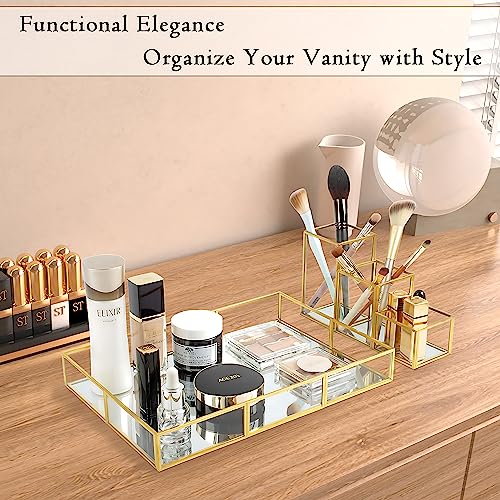 Gold Metal Frame and Glass Vanity Tray Set, Large Decorative Platform for Perfumes, Makeup Brushes, Jewelry Display, Office Stationery Holder, Sophisticated Design, 12.2x8.5x2.2 in - style: Tray-Holder