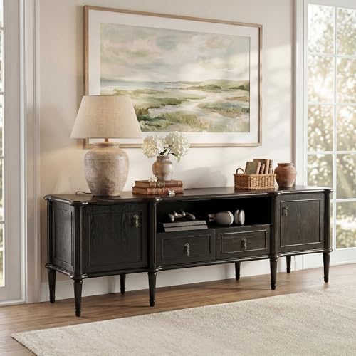 STO'SENSE 63" Pre-Assembled Tv Stand w/Power Outlet, Solid Wood Grain TV Consoles w/2 Cabinets & 2 Drawers, Mid Century Modern Entertainment Center for Living Room, Fits TVs up to 75", Black Oak - color: Black Oak