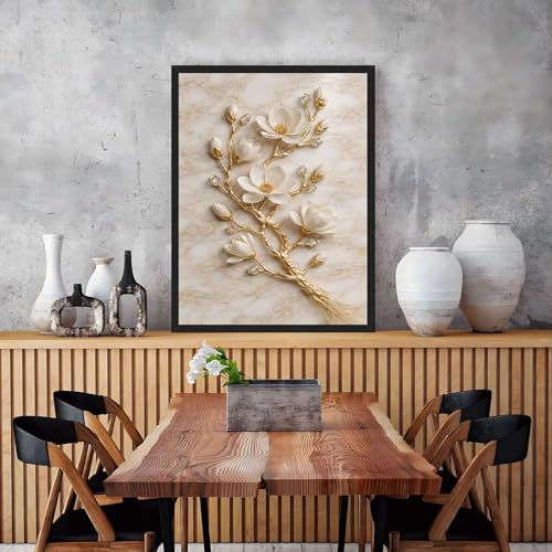 Luxury White Magnolia Flower Wall Art Gold Branch Crystal Accents Elegant 3D Floral Sculpture for Living Room Bedroom Home Decor (Black Framed,12”LX16 W)