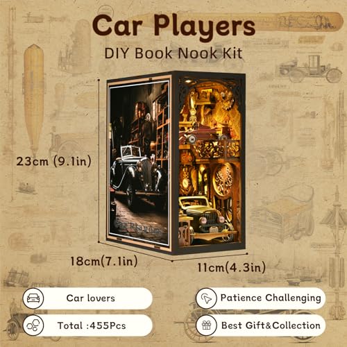 ETKVR Book Nook Kit, Book Nook Kits for Adults DIY Booknook Model Build, DIY 3D Wooden Puzzle Bookend Booknook Bookshelf Insert Miniature Dollhouse Kit for Home Decoration - style: Car Players