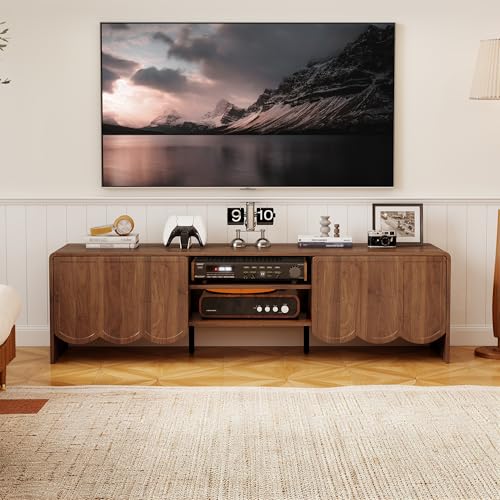 Modern 63" TV Stand, Wood Entertainment Center with Sliding Doors, Media Console for TVs Up to 70", TV Stand for Living Room, Walnut - color: Walnut