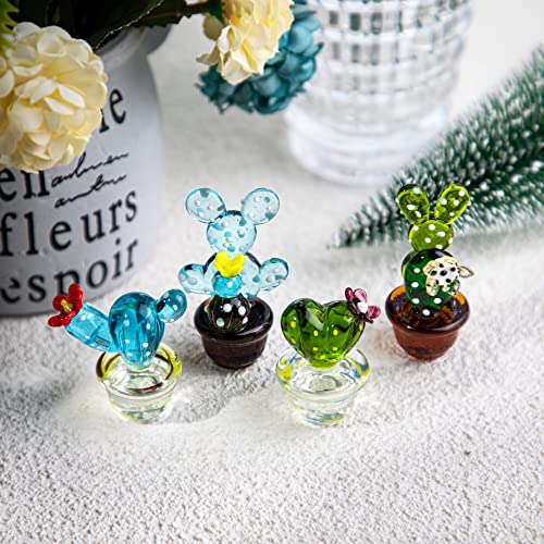 H&D HYALINE & DORA 4pcs Mini Glass Blown Cute Cactus Art Blown Handmade Glass Figurines Collectibles Home Table Decoration Simulation Plants - color: Colorful