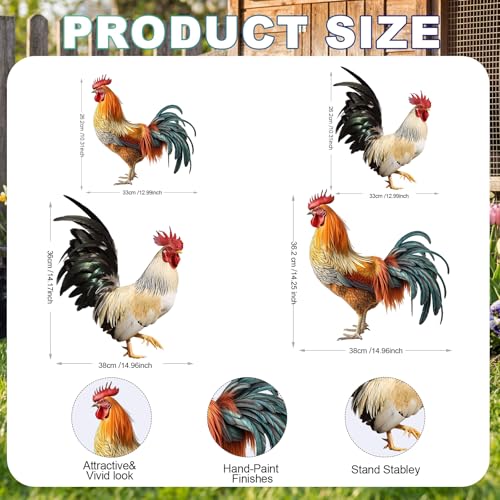 Riakrum 4 Pcs Metal Rooster Outdoor Garden Statues Decor Yard Chicken Decorations Metal Chicken Sculpture for Backyard Patio Kitchen Decor & Lawn Ornaments, 2 Size - style: Rooster