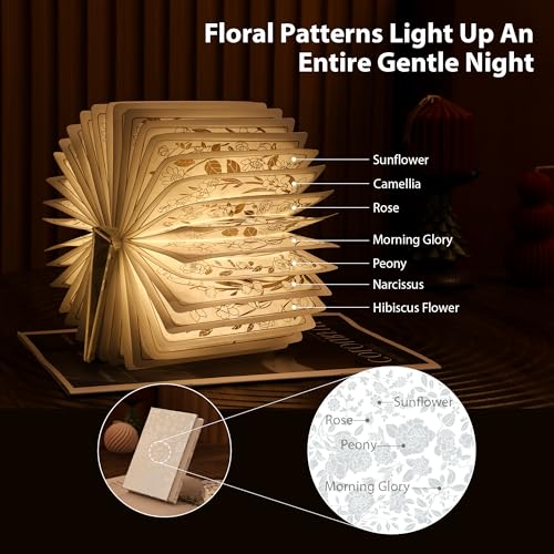 Floral Print Book Light,3-Color Book Lamp Book Lovers Gifts | 1200mAh Portable Foldable Paper Desk Lamp | Night Reading Bookshelf Lamp,Valentine Ambient Lighting Decorations Gifts(White Silver) - color: White