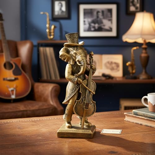 Vintage Animal Statue Sculpture,Gold Resin Music Elephant Figurine with Cello, Retro Office Desk Decor for Home Living Room, Creative Gift for Animal Lovers - color: Music Elephant