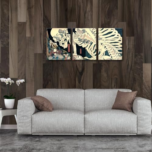 Wieco Art 3 Piece Witch and Skeleton Ukiyo-E by Utagawa Takiyasha Historic Cultural Illustrations for Living Room Bedroom Home Decorations Landscape Artwork - color: Witch and Skeleton, size: 12 x 16 inches (Unframed)