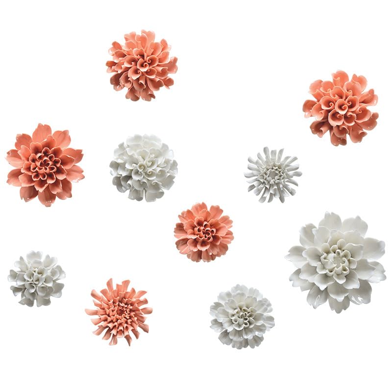 Ceramic Flower Wall Art, Artificial 3D Handmade Porcelain Flower Wall Hanging Sculpture Decor for Home Office (Orange Pink, Paeonia Lactiflora, 2.95") - color: Orange Pink,Paeonia lactiflora，2.95"