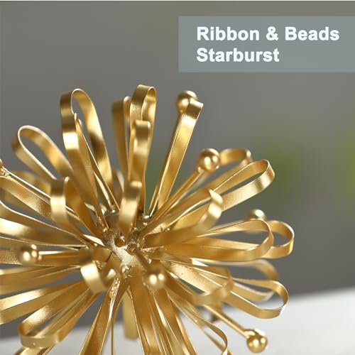 6.7" Decorative Metal Starburst Tabletop Shelf Sculpture Accent, Gold Modern Table Decor, Looped Ribbon & Beads Edges Detailed