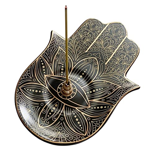 Ceramic Hamsa Hand Incense Holder - 2 in 1 Brass Incense Holder for Sticks and Coil Incense- Zen Decor with Hand of Fatima Design Protection from Evil - 6.2" L X 4.5" W (Black) - color: Black