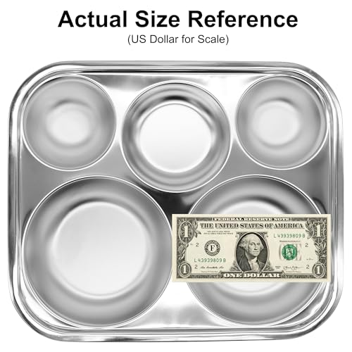 Korean Stainless Steel Divided Plates for Adults, Teens, Premium 304, Electro-Polished, No Black Residue, BPA-Free, Large 5-Compartment Food Tray, Diet Portion Control, Camping, Set of 2 - size: 5 Compartments (13x11Inch)